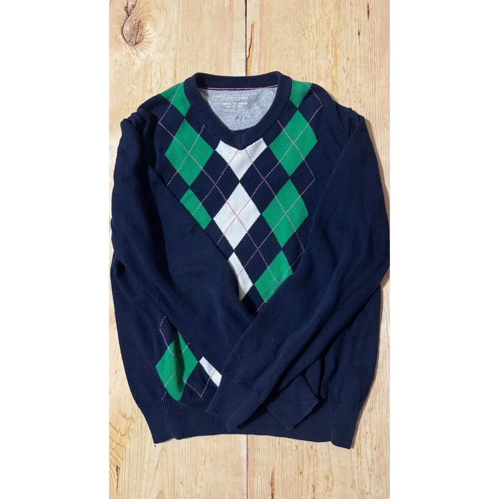 American‎ Eagle Outfitters Navy Blue Argyle V-Neck Cotton Sweater Womens Medium